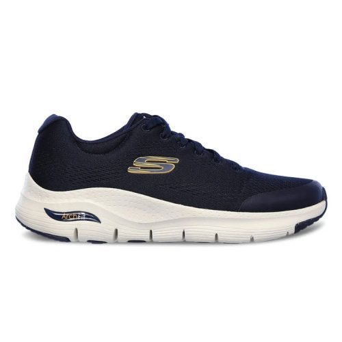 A dark navy athletic shoe with a white sole featuring the letter "S" logo on the side and lace-up closure, designed with arch support for all-day comfort. Perfect as SKECHERS - ARCH FIT - NAVY - MENS by Skechers.