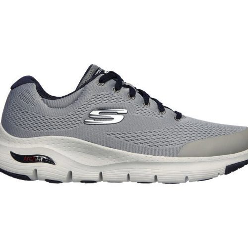 A side view of a gray Skechers SKECHERS ARCH FIT GRAY/NAVY - MENS walking shoe with a white sole, black laces, and the letter "S" logo on the side. The shoe features a cushioned heel, breathable mesh upper material, and excellent arch support for maximum comfort.