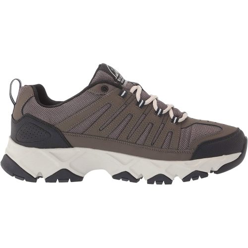 A side view of a brown and black men's hiking sneaker with a white sole, featuring mesh detailing and lace-up closure. This SKECHERS CROOSBAR STILHOLT BROWN - MENS offers both style and comfort for your outdoor adventures.