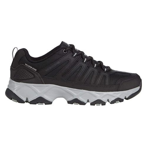 The **Skechers SKECHERS CROSSBAR STILHOLT BLACK/GRAY - MENS** is a black athletic shoe with a thick, gray and white sole, textured grip, and lace-up closure. Perfect as a hiking sneaker, it features air-cooled memory foam for ultimate comfort on every adventure.