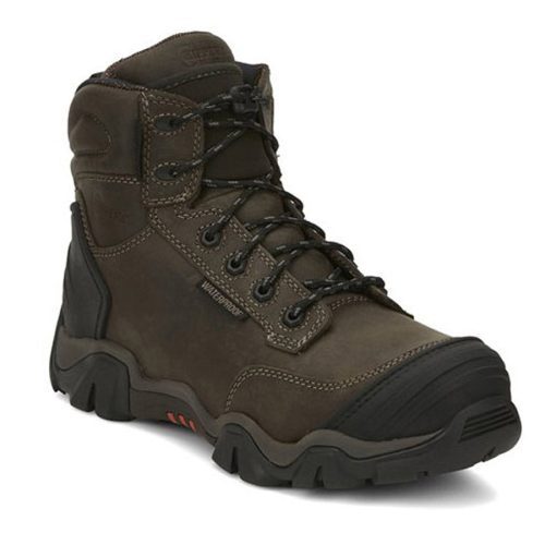 A rugged, brown leather hiking boot with black laces, a reinforced toe, and a black rubber sole. Featuring waterproof leather and an Ortholite® removable insert for added comfort. Introducing the CHIPPEWA CROSS TERRAIN 6" INSULATED COMP TOE by Chippewa.