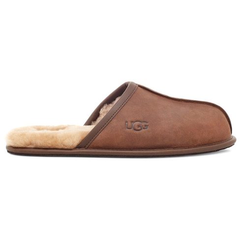 A brown Ugg UGG SCUFF LEATHER SLIPPER TAN - MENS featuring a plush sheepskin insole and the iconic Ugg logo on the side.