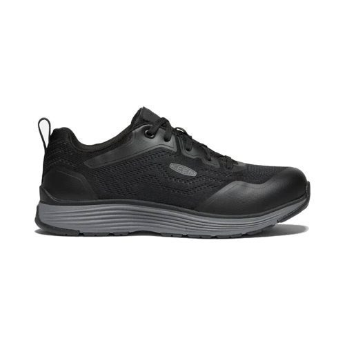 A KEEN SPARTA II SAFETY TOE EH BLACK/GRAY - MENS with a mesh upper, lace-up closure, gray sole, and aluminum safety toe. The side features a small Keen logo.