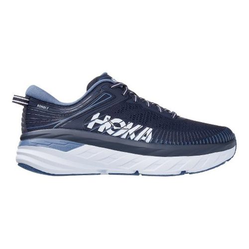 A navy and white HOKA BONDI 7 OMBRE BLUE - MENS featuring the Hoka logo on the side, designed with Meta-Rocker technology for a smoother ride.