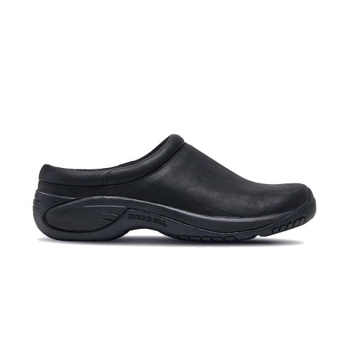 A Merrell MERRELL ENCORE GUST 2 BLACK SMOOTH - MENS slip-on clog with a cushioned collar, durable outsole, and textured sole for all-day support and walking comfort.