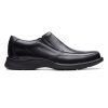 A CLARKS KEMPTON FREE SLIP ON BLACK - MENS by Clarks with a slightly raised heel, designed with intricate stitching details and a cushioned sole for Ultimate Comfort.