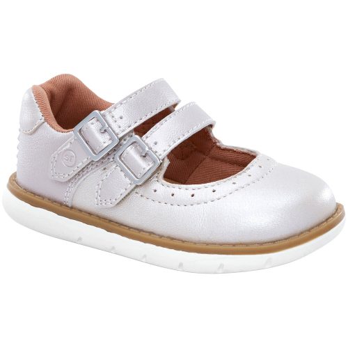 A single white children's shoe, resembling classic STRIDE RITE SRT CORDALINE PEARL - TODDLERS by Stride Rite, features two adjustable straps and a durable rubber sole.