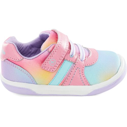 The STRIDE RITE THOMPSON TROPICAL PINK - TODDLERS are perfect for toddlers, with a pastel rainbow color scheme featuring a pink Velcro strap and a high-traction white sole. These adorable sneakers from Stride Rite also come with a memory foam interior, ensuring comfort for little feet all day long.