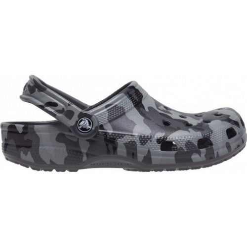 A side view of a Crocs CROCS CLASSIC CAMO/SLATE GRAY - MENS camouflage-patterned clog sandal with a back strap, showcasing the iconic Crocs Comfort and crafted from durable Croslite material.