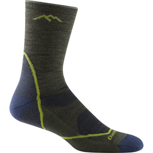 A single, dark green and blue Darn Tough Light Hiker Micro Crew Sock Forest with visible yellow stitching, mid-calf length, increased breathability with mesh panels, and a logo near the toe.