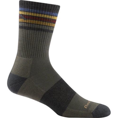 A single dark green Darn Tough DARN TOUGH KELSO MICRO CREW SOCKS FATIGUE - MENS with multicolored stripes near the top and ribbed texture, made from merino wool and designed with seamless knitting for ultimate comfort.