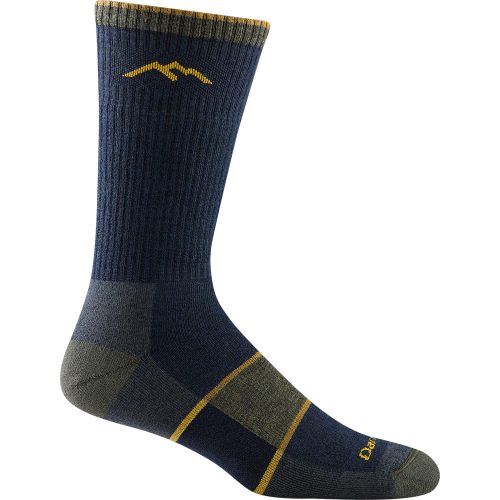 A single dark blue DARN TOUGH HIKER BOOT SOCKS CUSHION ECLIPSE with grey and yellow accents, featuring a mountain design near the top and the brand name "Darn Tough" near the toe, offers full cushion for maximum comfort and durability.