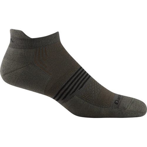 A single DARN TOUGH ELEMENT NO SHOW TAB SOCKS FATIGUE featuring black stripes on the midfoot area, with a breathable mesh design for enhanced comfort by Darn Tough.