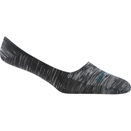 A single low-cut, no-show DARN TOUGH TOP DOWN NO SHOW SPACE GREY sock in a dark gray and black patterned fabric with a seamless design and a subtle blue logo near the toe.