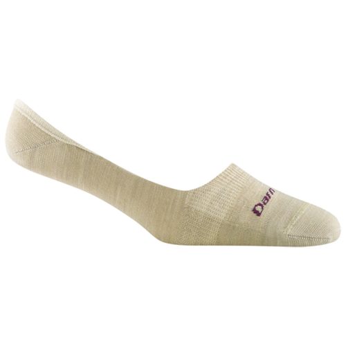 Side view of a beige DARN TOUGH TOP DOWN NO SHOW SOCKS OAT - WOMENS with a smooth, seamless design and stitched detailing, displaying a partially visible brand name in red near the toe area.