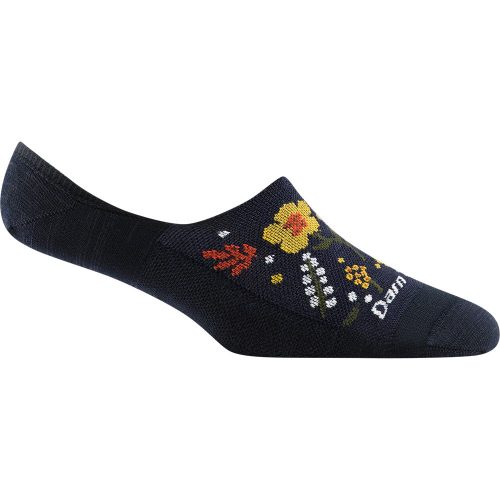 A single black no-show sock with a floral pattern featuring yellow and red flowers and green stems, perfect for those looking for stylish yet casual socks. The product is called DARN TOUGH TOPLESS GARDEN PARTY NO SHOW SOCKS NAVY by Darn Tough.