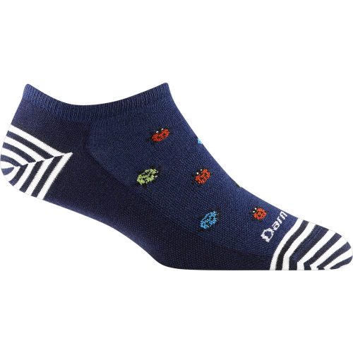 A pair of Darn Tough DARN TOUGH LUCKY LADY ANKLE SOCKS MIDNIGHT, designed for comfort and durability, featuring a dark blue color with colorful polka dots and white stripes at the heel and toe areas.