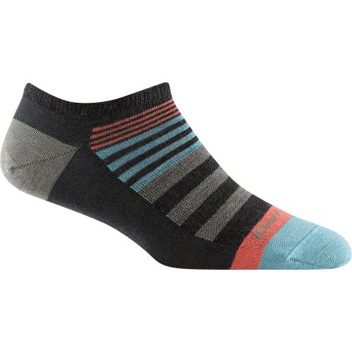 A single Darn Tough DARN TOUGH BEACHCOMBER ANKLE SOCKS CHARCOAL with a black and gray base, red toe, light blue heel, and striped pattern on the top.