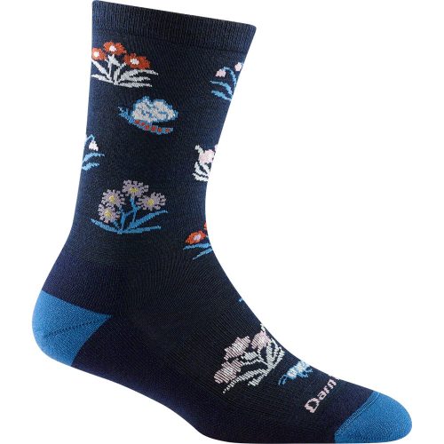 A single DARN TOUGH COTTAGE BLOOM CREW SOCKS ECLIPSE by Darn Tough, a navy blue women's lightweight sock with a floral pattern in various colors, featuring light blue toe and heel accents for cushioned coziness, displayed on a white background.