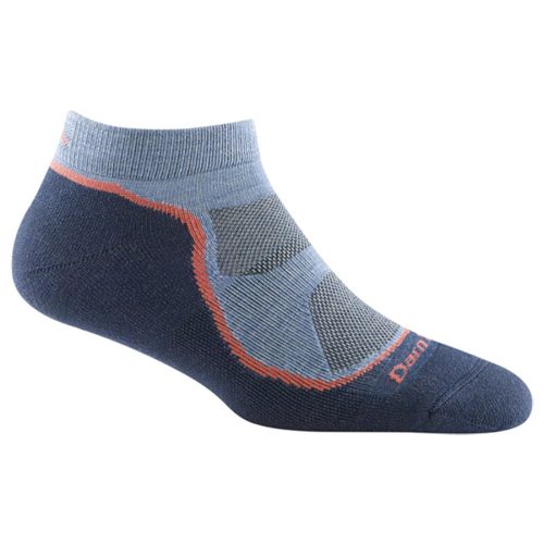 An ankle-length, two-toned Merino Wool Darn Tough NO SHOW LIGHT HIKER SOCKS DENIM - WOMENS with a dominant dark blue color, light blue accents, and red details, shown from a side view.