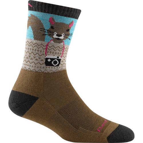 A brown DARN TOUGH CRITTER CREW SOCKS ACORN by Darn Tough featuring an illustration of a squirrel wearing pink glasses and holding a camera on a blue, brown, and beige background. The hiking sock has black accents on the heel and toe, ensuring both style and durability with its lifetime guarantee.