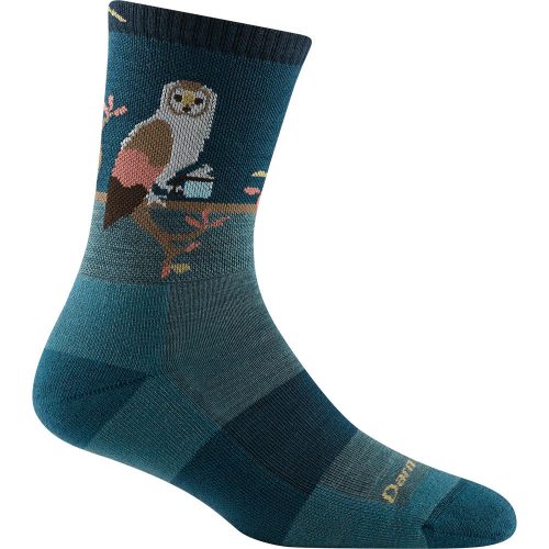 A DARN TOUGH CRITTER CLUB MICRO CREW SOCKS TEAL featuring an owl perched on a branch with some foliage and a small object, perfect for hiking enthusiasts. Plus, it comes with a lifetime guarantee from Darn Tough.