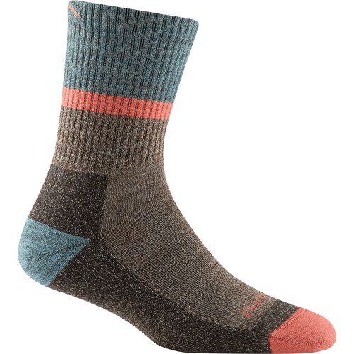 A single Darn Tough DARN TOUGH RANGER MICRO CREW SOCKS BROWN with a ribbed top, featuring a color-block design of teal, brown, and coral sections, made from soft Merino Wool for ultimate comfort.