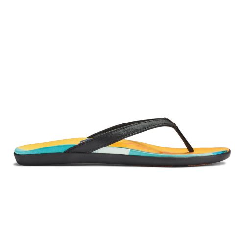 A single Olukai Ho'opio Pae Black sandal with black straps and a colorful striped sole on a white background.