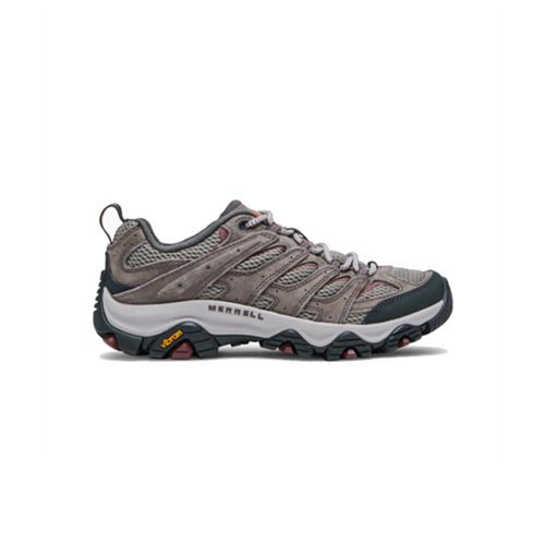 Side view of a MERRELL MOAB 3 FALCON - WOMENS gray and black athletic shoe with a rugged sole, labeled "Merrell" on the side, designed to be your all-terrain outdoor companion.