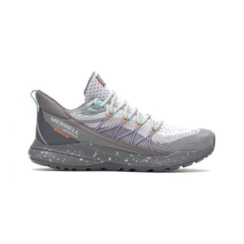 A single gray Merrell Bravada 2 Charcoal women's hiking shoe with Quantum Grip™ technology, featuring orange and blue accents on a white background.