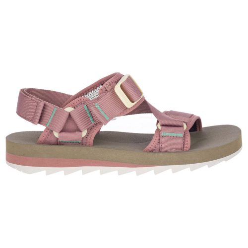 A pink MERRELL ALPINE STRAP BURLWOOD - WOMENS with adjustable straps, a white buckle, and a rugged rubber outsole designed for outdoor use by Merrell, featuring a comfortable EVA foam insole.