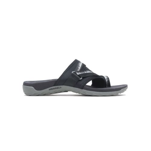 A single black Merrell sports sandal with an adjustable strap and a COMFORTBASE ACTIVE contoured insole on a white background.