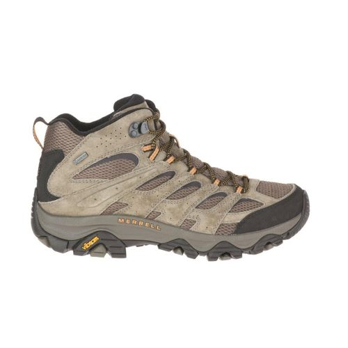 A beige and black Merrell MERRELL MOAB 3 MID GORE TEX WALNUT - MENS hiking boot with a high ankle, orange accents, a rugged Vibram outsole, and a supportive insole.