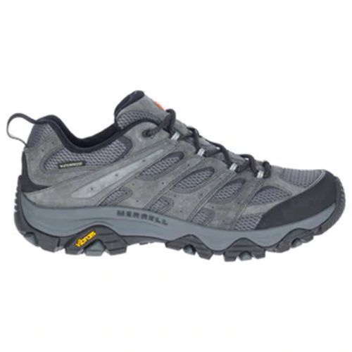 A gray and black hiking shoe with a rugged Vibram outsole, mesh panels, and a pull loop at the back. The Vibram logo is visible on the sole, echoing the durability of our Merrell MERRELL MOAB 3 WP GRANITE - MENS series.