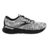 Black and white athletic running shoe with the word "BROOKS" visible on the side and "ADRENALINE" on the midsole. Featuring a BioMoGo DNA midsole for advanced cushioning, this Brooks Adrenaline GTS 21 Blackened White/Grey - Mens also includes the GuideRails Holistic Support System for optimal stability.