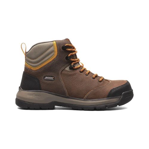 A brown, mid-height waterproof hiking boot with grey and black accents and orange laces. The Bogs BOGS CEDROCK II 6" CT WATERPROOF BROWN - MENS features a padded ankle collar and a rugged sole designed for traction.