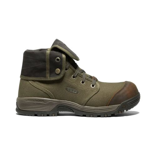 A single olive green and brown mid-rise boot with a folded collar, sturdy sole, and energy-returning midsole, featuring laces and a Keen logo on the side: KEEN COMP TOE ROSWELL MID MILITARY OLIVE/ BLACK OLIVE - MENS.