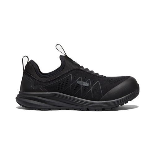 A black, low-top athletic shoe with a sturdy ESD-rated outsole and mesh detailing, featuring a lace-up design, pull tabs on the tongue and heel, and KEEN.ReGEN cushioning for enhanced support is the **Keen KEEN CT VISTA ENERGY SHIFT SLIP ON BLACK - MEN**.