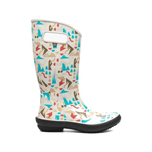 A single Bogs BOGS RAINBOOT SPARSE GEO LIGHT GRAY MULTI - WOMENS with a colorful geometric pattern and black sole, featuring a handle hole on the upper side for easy carrying. This waterproof boot is designed with an eco-friendly approach, ensuring you stay stylish and sustainable in any weather.