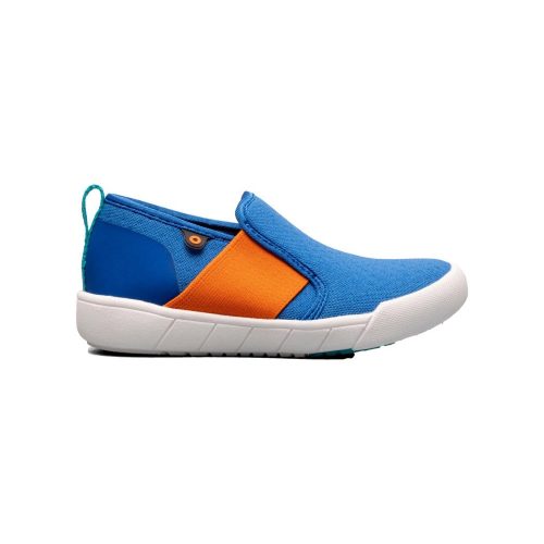 A close-up side view of the Bogs BOGS KICKER II ELASTIC SLIP ON BLUE - KIDS with orange accents and a white rubber sole, showcasing its lightweight design.