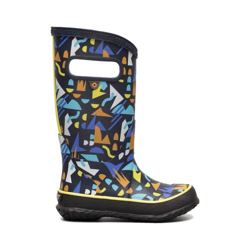 A single, multicolored rain boot with abstract patterns and easy pull-on handles near the top. The lightweight boot has a black sole and "BOGS" text on the top rim. The product is called BOGS RAINBOOT SPARSE GEO NAVY MULTI - KIDS by Bogs.