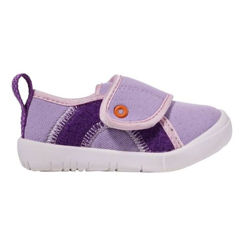 A purple children's sneaker with a white sole, Velcro strap, and orange button, featuring a pull tab at the back. Lightweight and designed for comfort, this is the perfect BOGS BABY KICKER HOOK & LOOP LAVENDER MULTI - TODDLERS for little adventurers from Bogs.