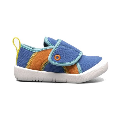 A Bogs BOGS BABY KICKER HOOK & LOOP ROYAL MULTI - TODDLERS with an orange accent, a hook-and-loop strap, white sole, and yellow pull-tab at the heel, displayed on a white background. This design brings the flexibility of kids boots to mind.