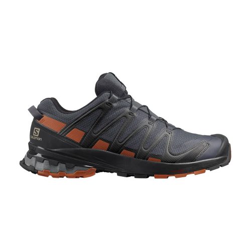 The SALOMON XA PRO 3DV8 GTX EBONY/CARAMEL CAFE/BLACK - MENS is a black and orange athletic shoe with a rugged sole, cushioned stability, and waterproof Gore-Tex. The Salomon logo adorns the side for added style.