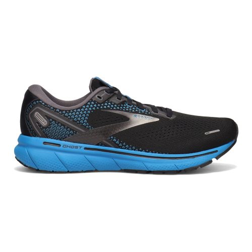 A side view of a black and blue Brooks Ghost 14 running shoe with a brand logo on the side, featuring DNA LOFT cushioning.