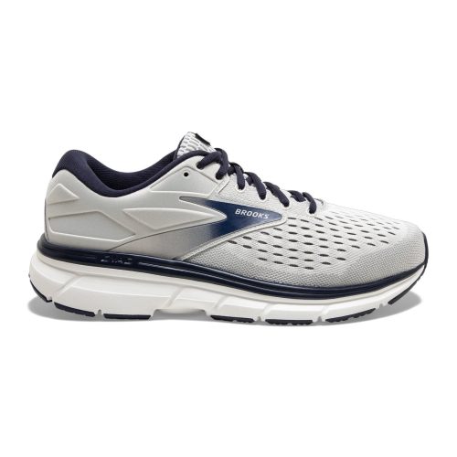 The BROOKS DYAD 11 ANTARCTICA/GREY/PEACOCK - MENS is a Brooks athletic running shoe featuring a gray and white design with black soles and dark blue accents, offering cushioned comfort for stable runs.