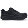 A black athletic shoe with a thick, cushioned sole and lace-up design, viewed from the side; introducing the Hoka HOKA ONE ONE BONDI 7 SLIP-RESISTANT BLACK - MENS with a slip-resistant outsole.