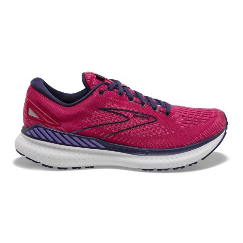 A single Brooks BROOKS GLYCERIN GTS 19 BARBERRY/PURPLE/CALYPSO - WOMENS with navy blue accents, breathable mesh upper, white cushioned sole featuring DNA LOFT, and black outsole.