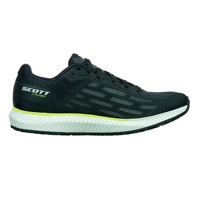 Side view of a black men's training shoe with white and green eRIDE midsole details. The breathable upper mesh enhances comfort. The shoe features the brand "Scott" and the model "SCOTT CRUISE BLUE - MENS" on the side.