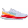 Side view of a white Hoka HOKA ONE ONE MACH 4 WHITE/FIESTA - MENS running shoe with a teal logo, orange and yellow accents, red midsole, and white outsole designed for a lively ride as an everyday trainer.